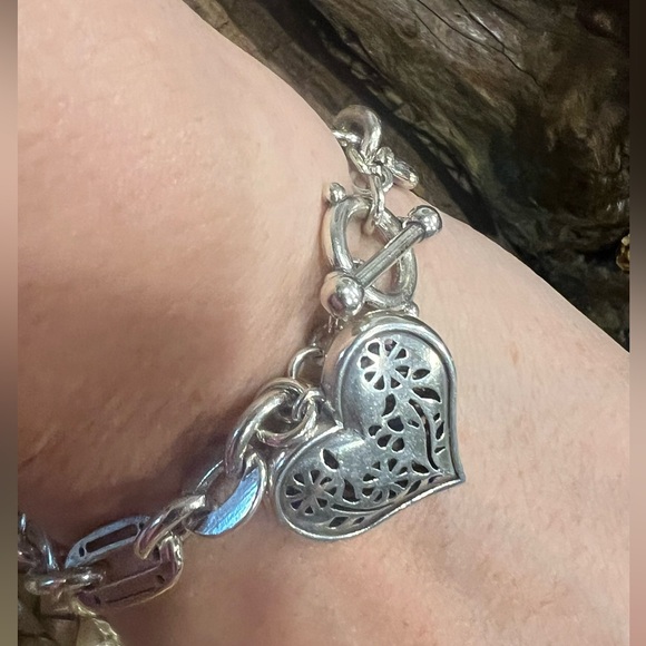 Brighton Fine Silver Plated Bracelet Chain Links Charm  With Heart Pendant Tag - Picture 3 of 14